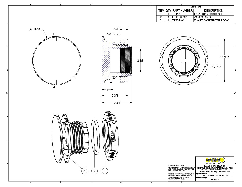 Banjo TF200AV AntiVortex Tank Fitting Diagram