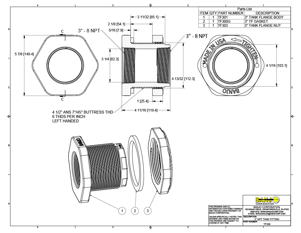 Banjo TF300 Bulkhead Tank Fitting Diagram